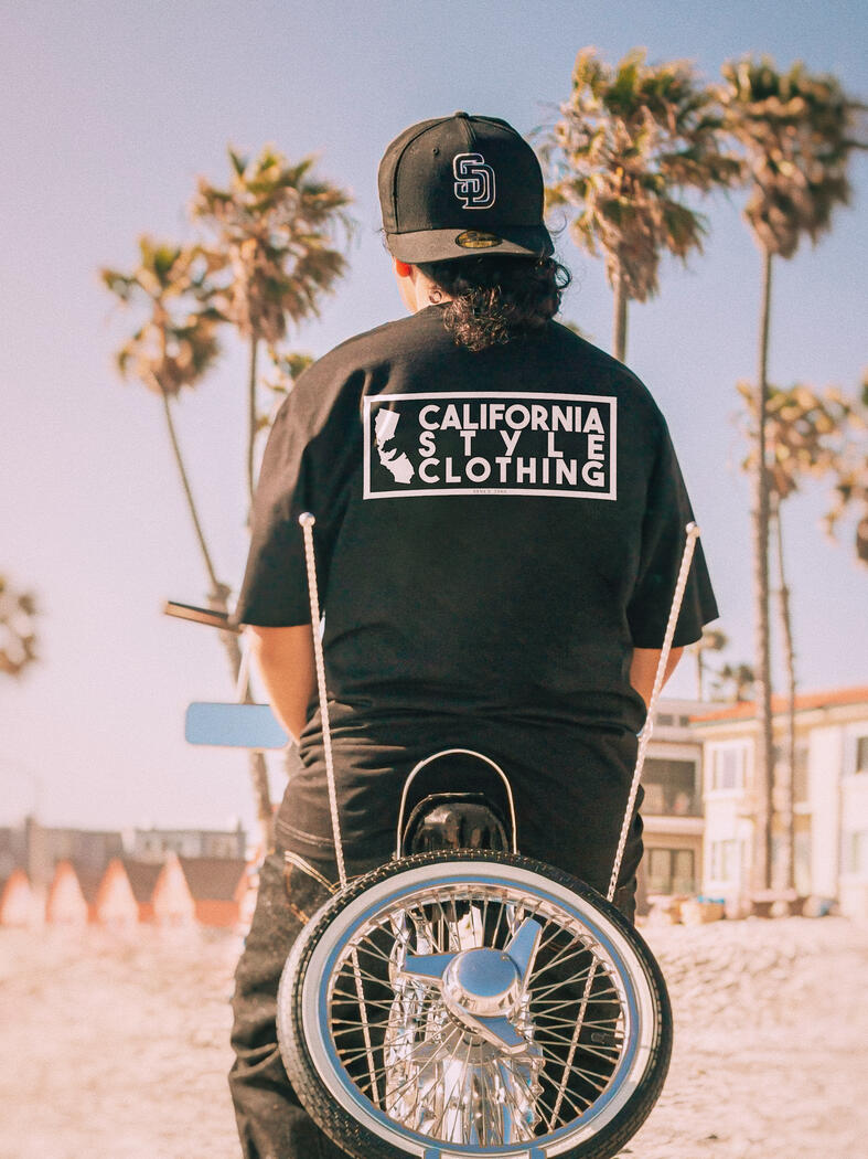 California Style Clothing T-Shirt on a lowrider bike in Oceanside, CA.